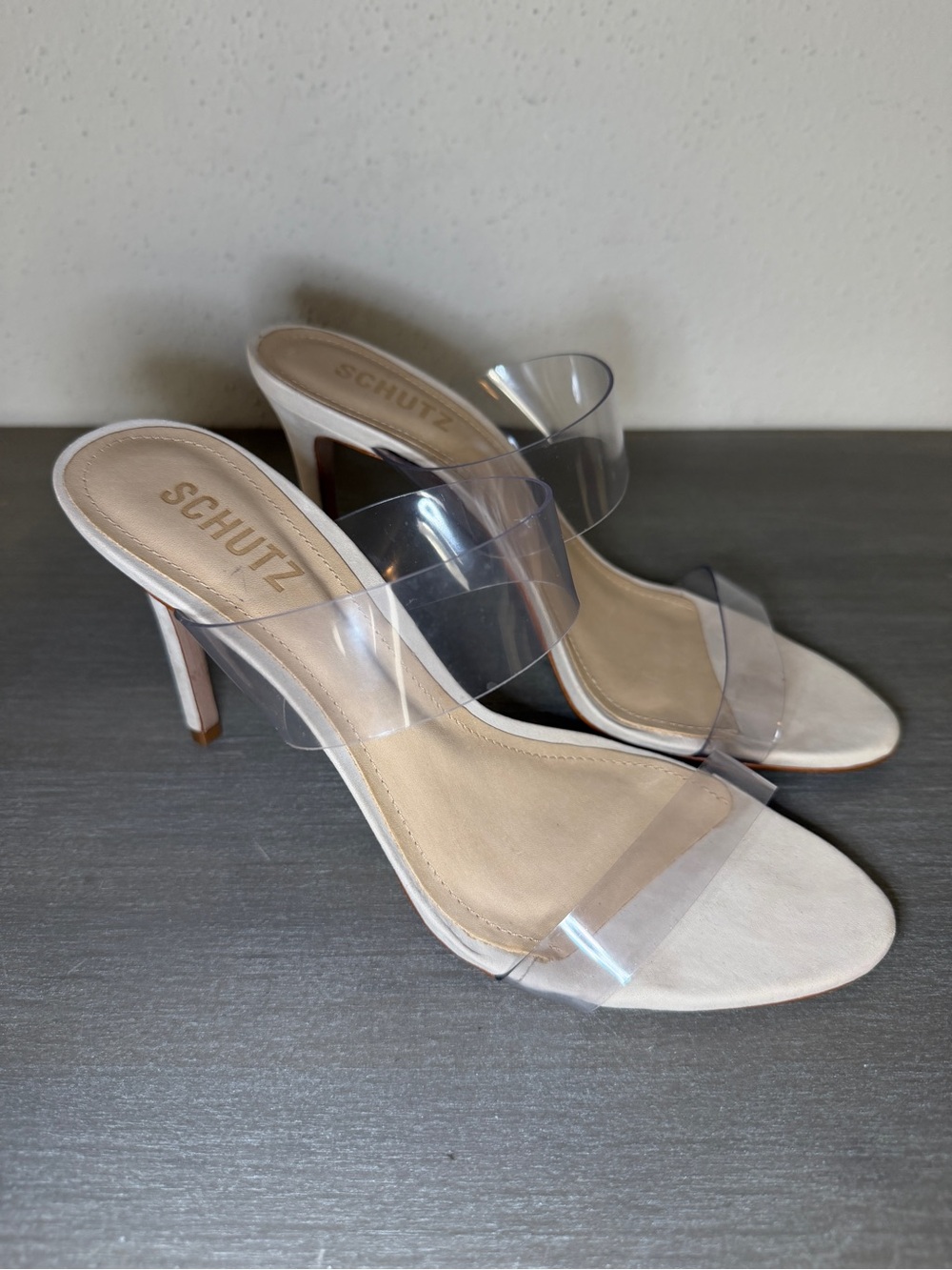 Schutz Ariella Womens Heeled Sandals Sz 8 B Clear SlipOn Open Toe Stiletto Heel